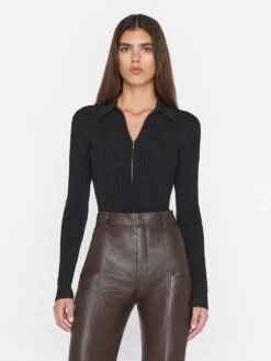 Rib Zipper Bodysuit -- Noir