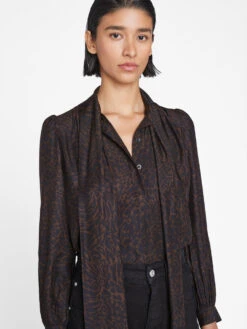 Femme Tie Neck Blouse -- Espresso Multi -Chic Attire Store F23SBL02 ESPRESSO MULTI 1568