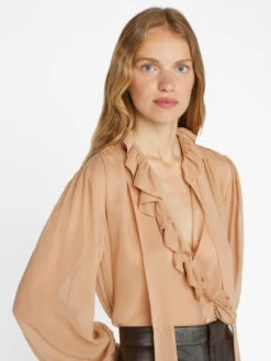 Ruffle Front Button Up Shirt -- Blush 17 Ruffle Front Button Up Shirt -- Blush -Chic Attire Store F23SBL03 BLUSH 0828