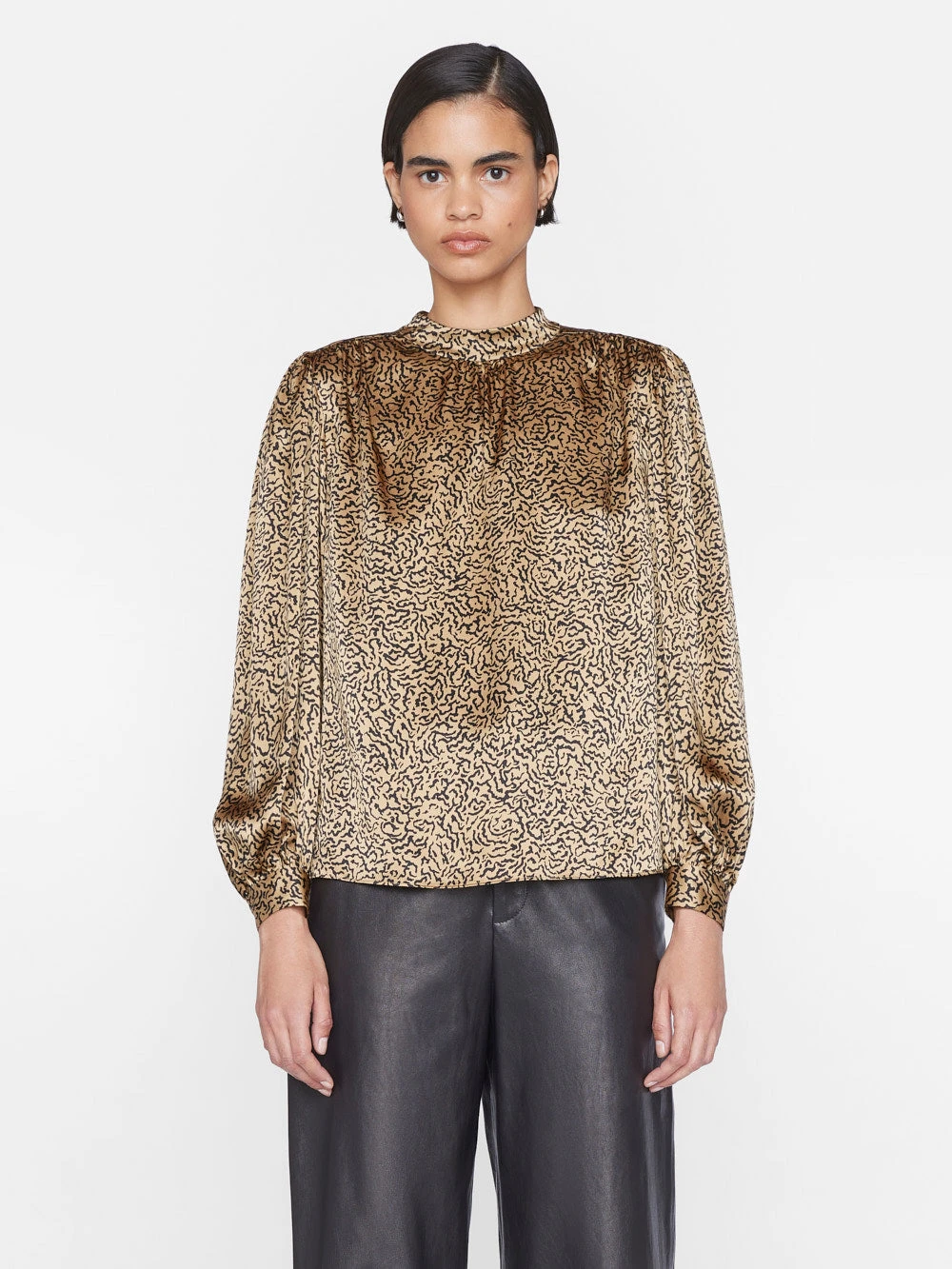 Shirred Mock Neck Blouse -- Beige Multi 11 Shirred Mock Neck Blouse -- Beige Multi - Image 9