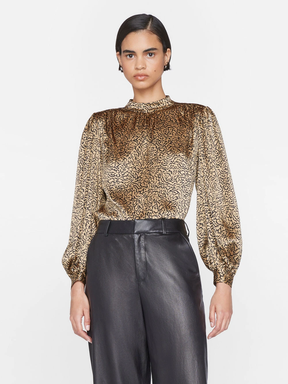 Shirred Mock Neck Blouse -- Beige Multi 4 Shirred Mock Neck Blouse -- Beige Multi - Image 2