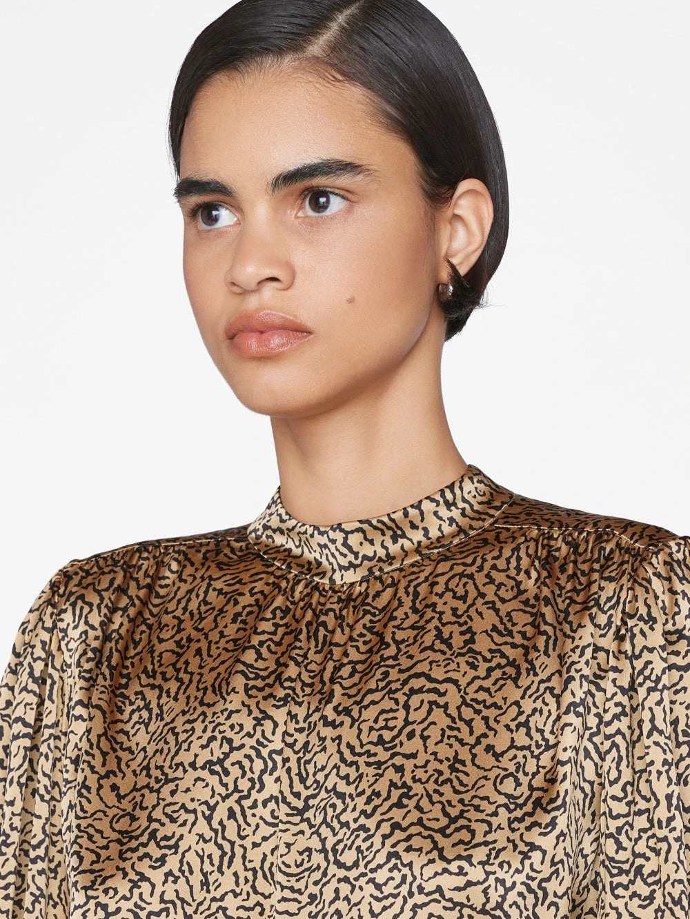 Shirred Mock Neck Blouse -- Beige Multi 7 Shirred Mock Neck Blouse -- Beige Multi - Image 5