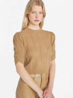 Pointelle Cashmere Ruched Sweater -- Light Camel 10 Pointelle Cashmere Ruched Sweater -- Light Camel -Chic Attire Store LWSW1821 LIGHT CAMEL 0923