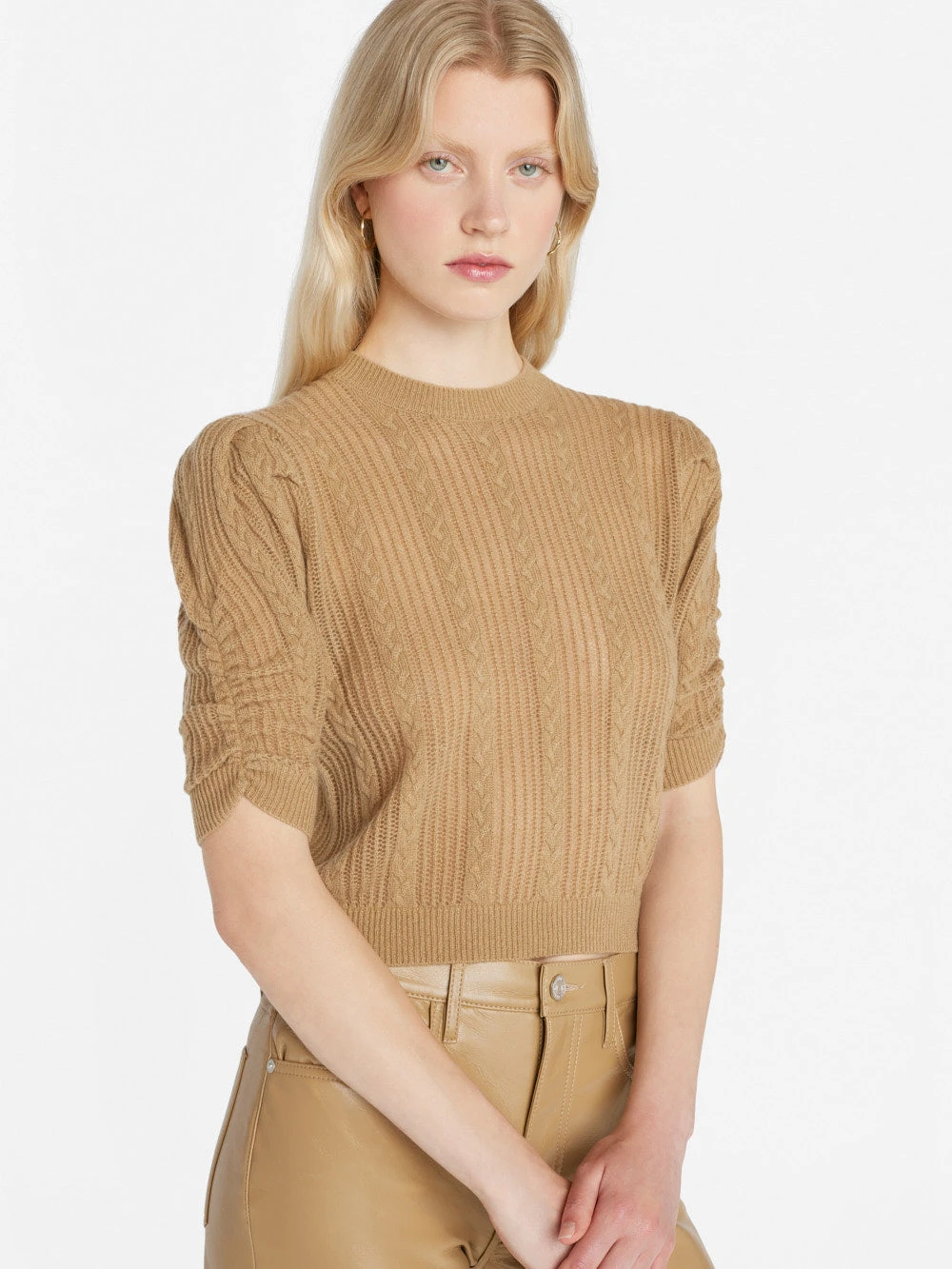 Pointelle Cashmere Ruched Sweater -- Light Camel 5 Pointelle Cashmere Ruched Sweater -- Light Camel - Image 3