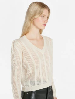 Pointelle Cashmere Ruched Sweater -- Off White -Chic Attire Store LWSW1822 OFF WHITE 1023