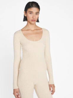 Ribbed Cashmere U-Neck Sweater -- Light Tan