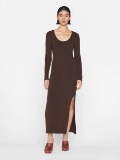 Ribbed Cashmere U-Neck Dress -- Espresso