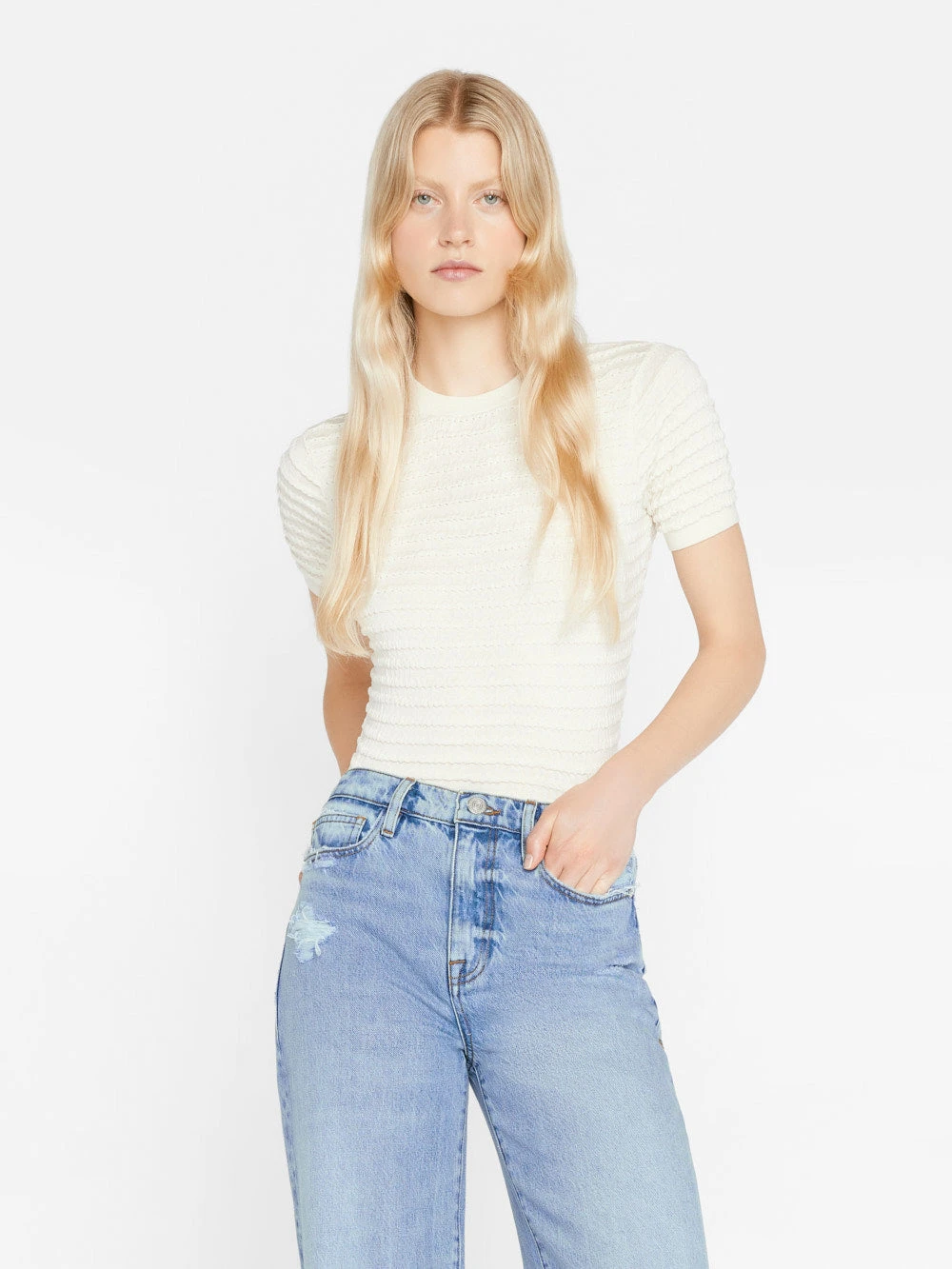 Smocked Short Sleeve Sweater -- Blanc 3 Smocked Short Sleeve Sweater -- Blanc