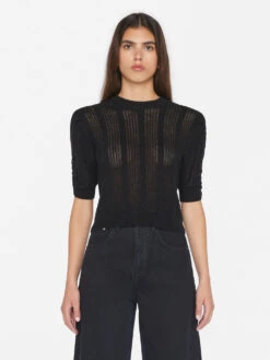 Pointelle Cashmere Ruched Short Sleeve Sweater -- Noir -Chic Attire Store LWSW1860 NOIR 0996