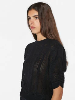 Pointelle Cashmere Ruched Short Sleeve Sweater -- Noir -Chic Attire Store LWSW1860 NOIR 1014