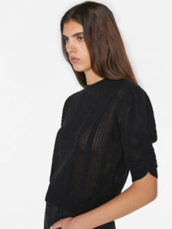 Pointelle Cashmere Ruched Short Sleeve Sweater -- Noir